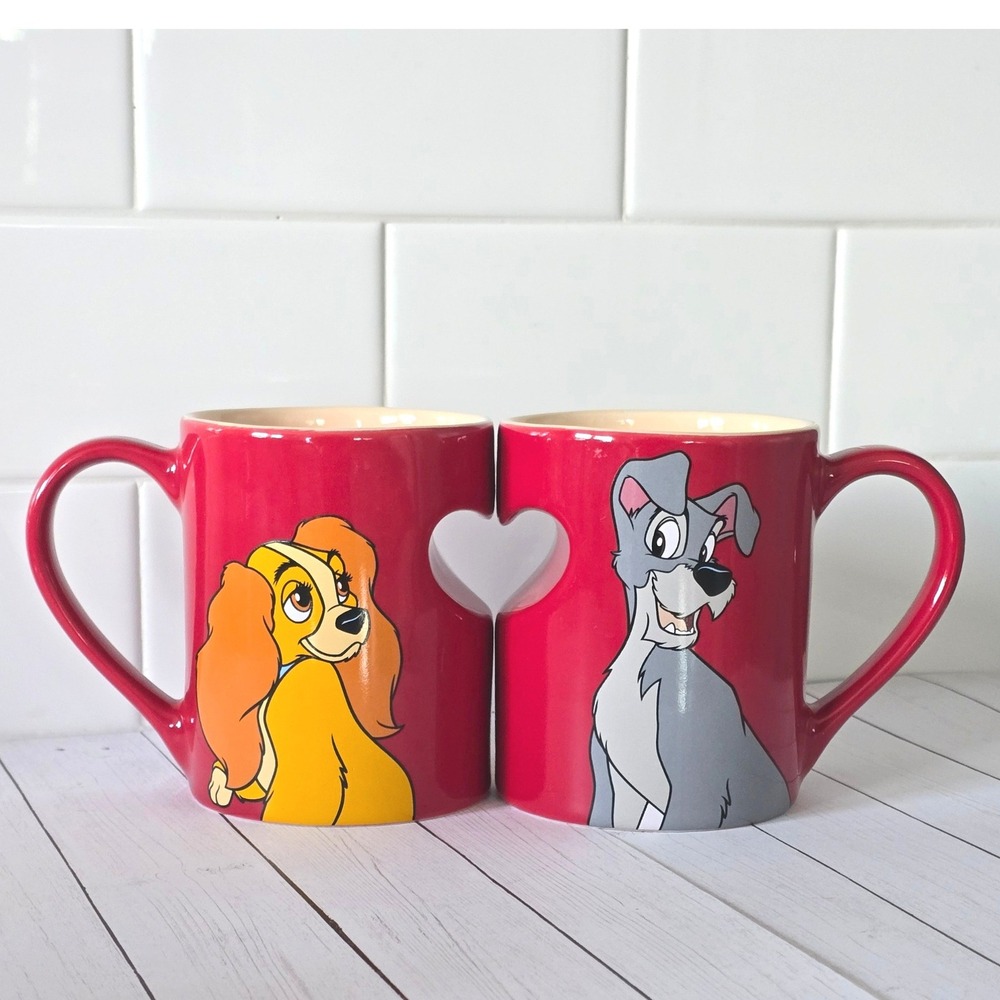 Disney Parks Lady and the Tramp Romantic Red Heart Ceramic Mugs Set